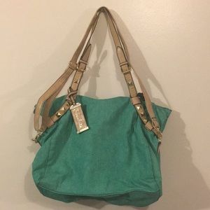 Chocolate Over shoulder Purse Woman’s Zipper close Green-pink Roomy Cute NWOT